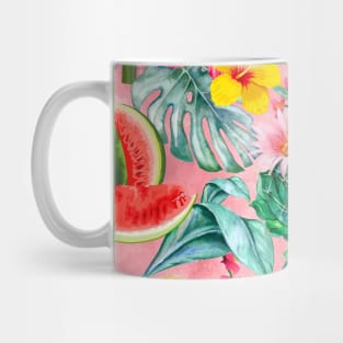 Vibrant tropical leaves pattern, watermelon illustration, tropical plants, pink colorful tropical fruits Mug